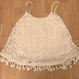 Cream lace tank top with fringe bottom